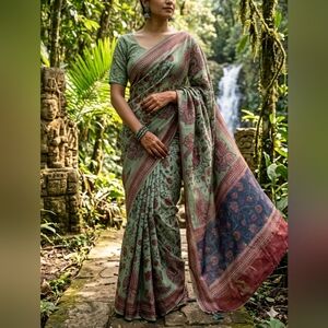 BRAND NEW CHANDERI KALAMKARI SAREE WITH STICHED BLOUSE